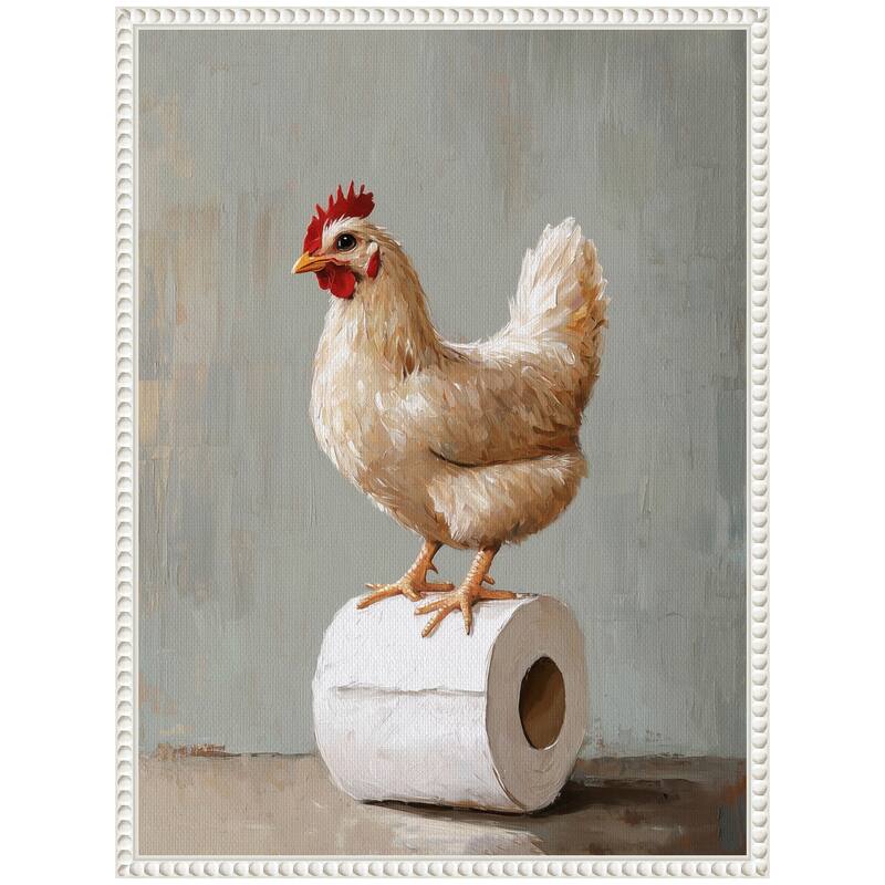 Kate and Laurel Sylvie Chicken Standing with Toilet Paper Rolls Bathroom Art Framed Canvas by The Creative Bunch Studio