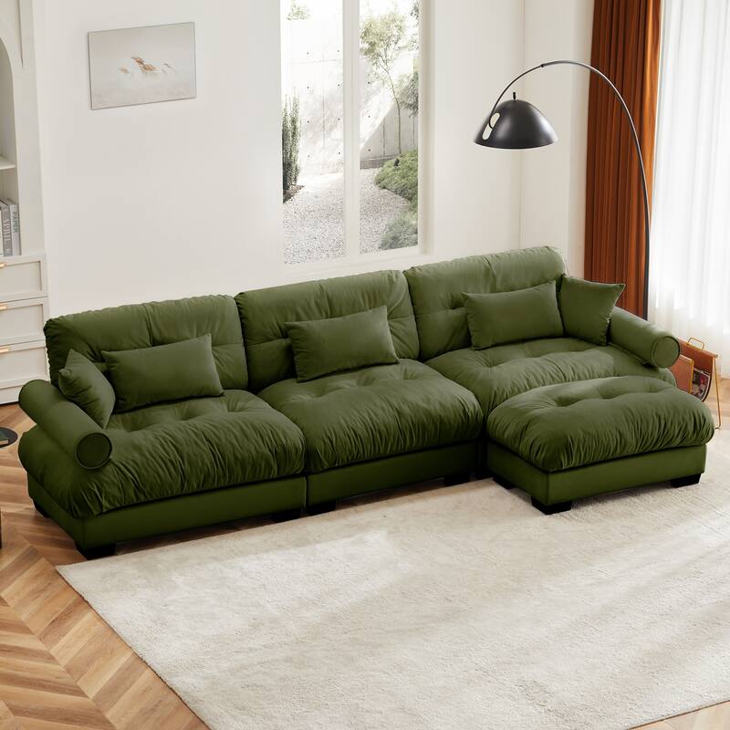 Super Comfort Oversized Modular Velvet Sectional Sofa Couch with Movable Ottoman,Corner Sectional with Bolstered Armrests - Olive Green