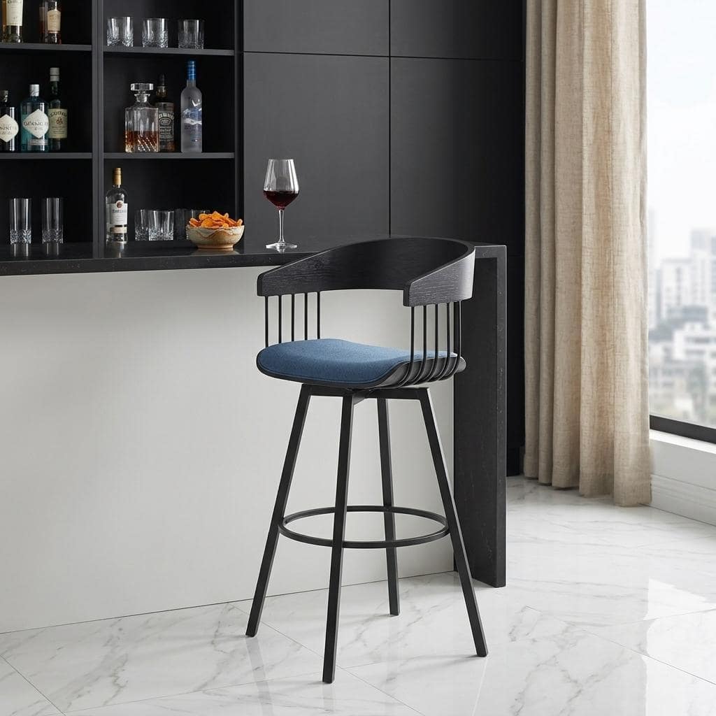 HomeRoots 31" Blue and Black Fabric with Metal Swivel Bar Height Bar Chair