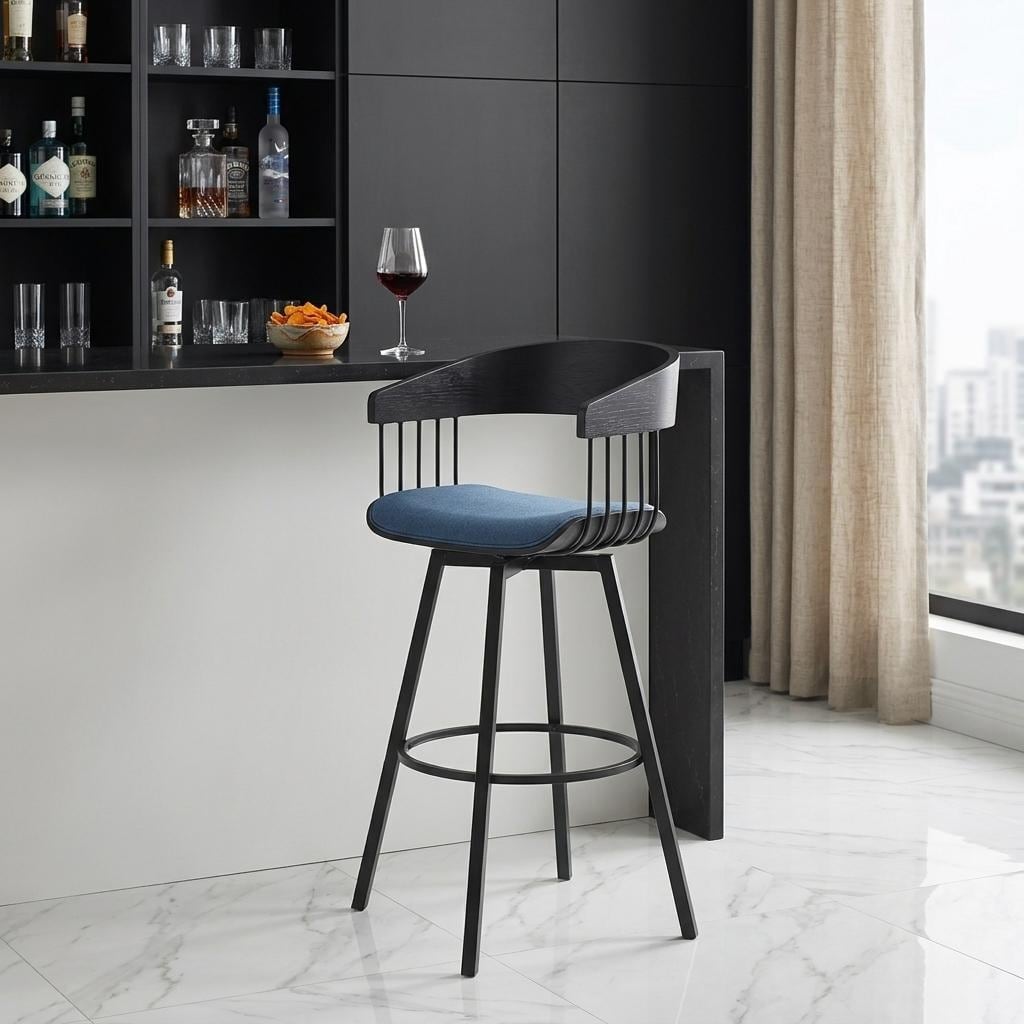 HomeRoots 31" Blue and Black Fabric with Metal Swivel Bar Height Bar Chair