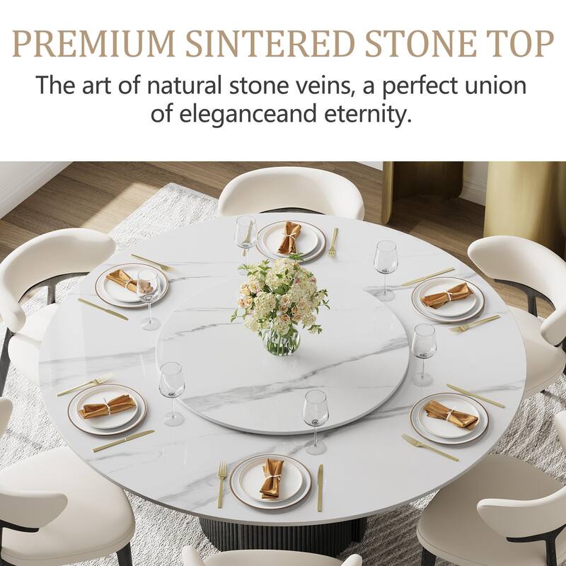 59" Modern Round Dining Table for 6-8, Glossy White Sintered stone Table top, Steel Grille column base