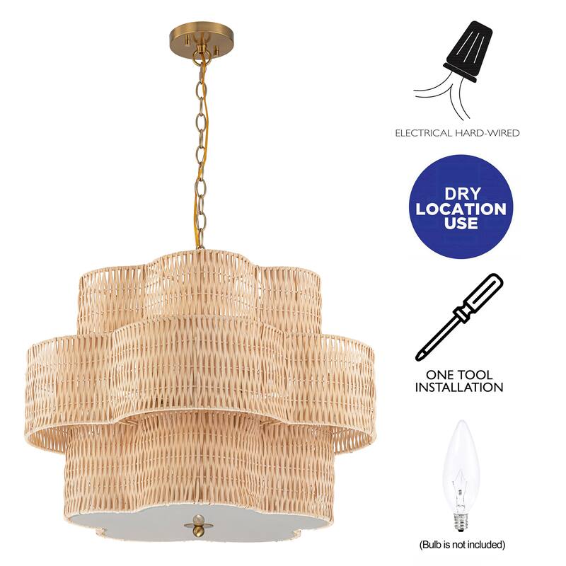 C Cattleya 6-Light Natural Rattan Chandelier with 3-Tier Hand Woven Flower-Shaped Shade - 24-inch