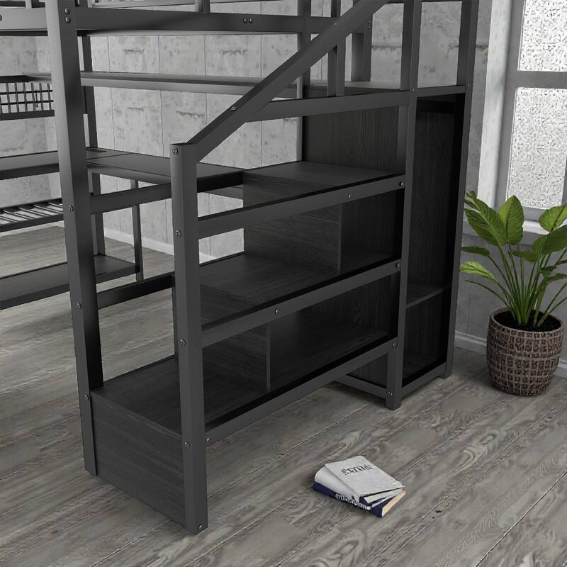 Full Size Metal Loft Bed with Staircase Storage, Wardrobe, L-Shaped Desk, Shelves, LED Lights and USB Charging Station