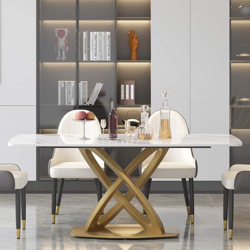 71'' Modern Dining Table with Rectangular Sintered Stone Tabletop and Gold Base