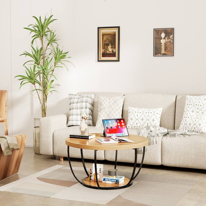 31.5 Inch Round Coffee Table 2 Tier Wood with Storage Modern for Living Room Kitchen
