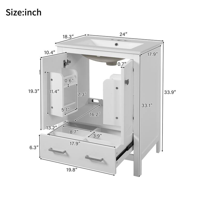 24-inch bathroom vanity with integrated undermount basin and a storage cabinet featuring 2 doors and 1 drawer.