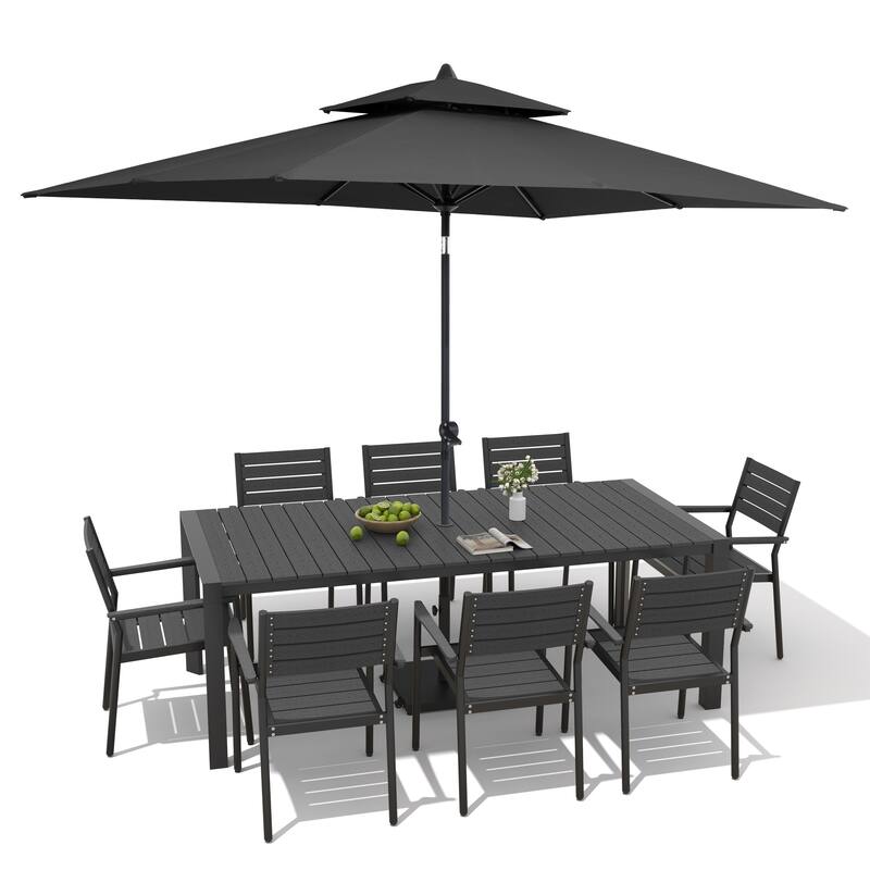 9/11-Piece Patio Dining Set Aluminum Dining Table and Chairs w/10 ft Market Umbrella and Base with Wheels