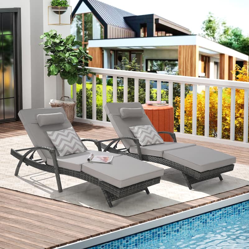 Outdoor Wicker Long Reclining Chair Set of 2 with Cushions - Light Gray
