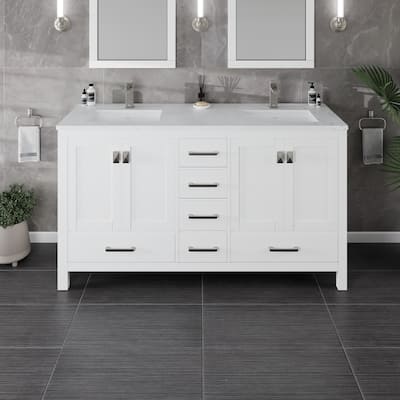 London 60"W WH DS Bath Vanity with Carrara Quartz Top and Undermount Sinks