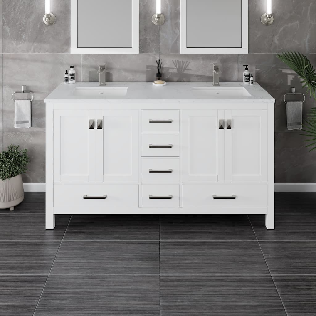 London 60"W WH DS Bath Vanity with Carrara Quartz Top and Undermount Sinks