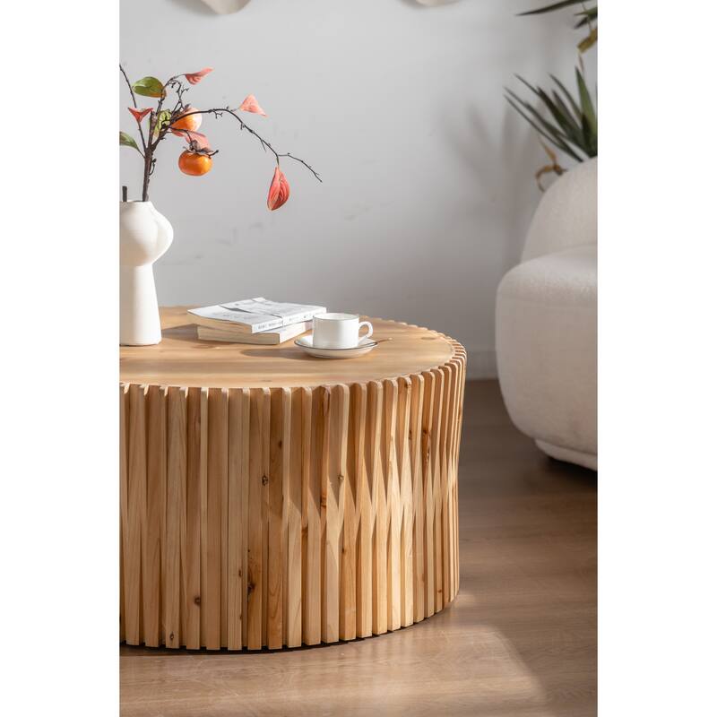GDFStudio Lysander Fir Wood Retro Coffee Table with Vertical Texture Relief Design
