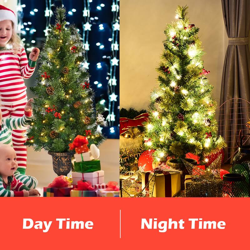 3FT Christ mas Entrance Tree with 40 LED Light Red Berries Pine Cone