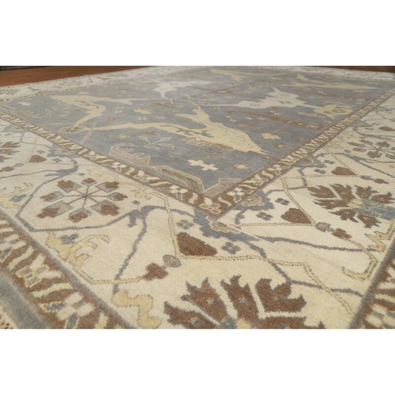 Gray Oushak Indian Large Rug Handmade Gray Floral Wool Carpet - 11'10" x 14'9" - Grey - 11'10" x 14'9"