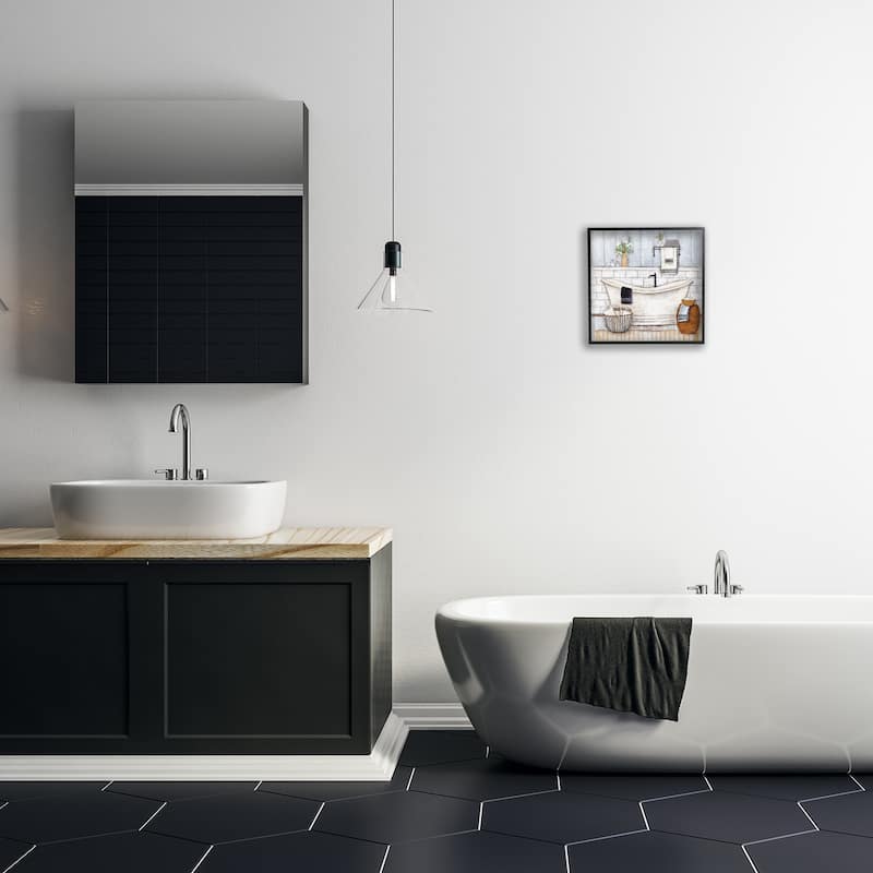 Stupell Bathroom Farmhouse Style Tub Neutral Grey Drawing, 12x12, Framed Wall Art, Design by Yellow Café - Blue