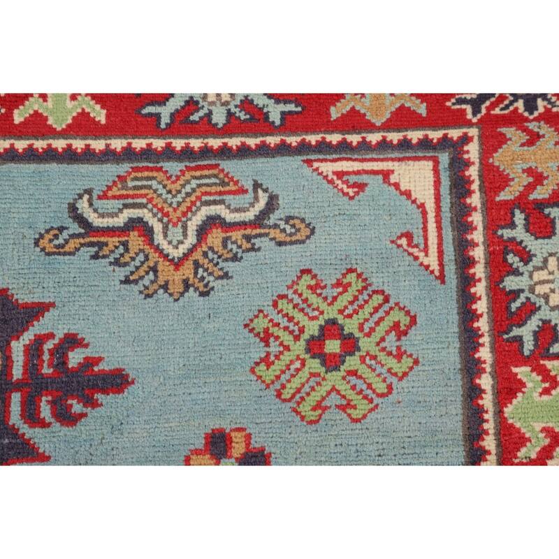 Light Blue Geometric Kazak Foyer Rug Hand-Knotted Oriental Wool Carpet - 3'5" x 4'10"