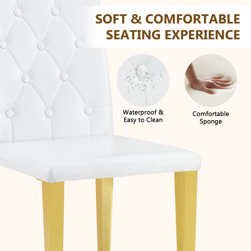 Set Of 4, PU Dining Chairs: Ergonomic Buckle Backrest, 35 Inches High, Golden Metal Legs, Combines Comfort And Texture