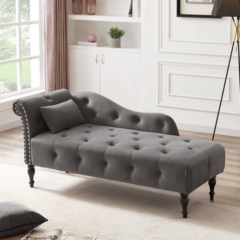 60.6" Velvet Chaise Lounge Buttons Tufted Nailhead Trimmed Solid Wood Legs with 1 Pillow,Burgundy (Left Arm Design)