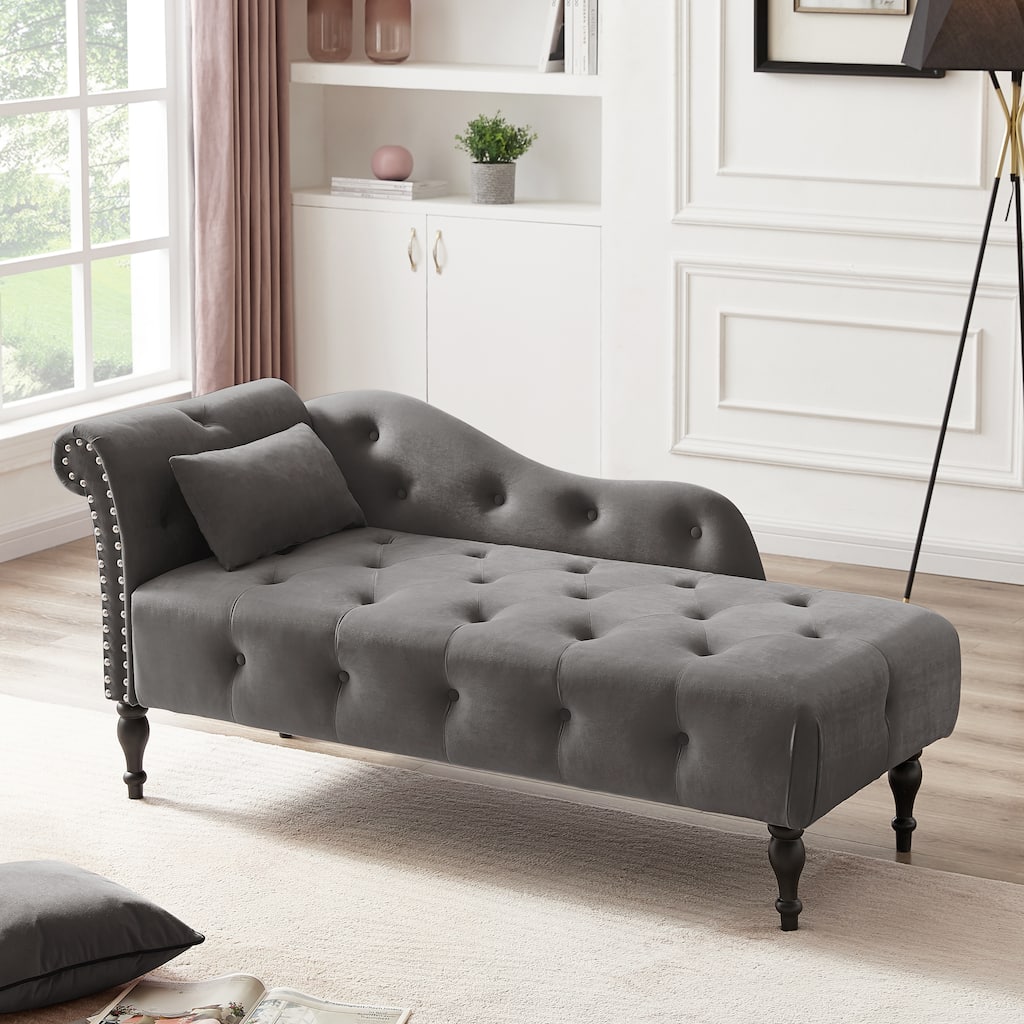 60.6"Velvet Chaise Lounge Buttons Tufted Nailhead Trimmed Solid Wood Legs with 1 Pillow(Left Arm Design as Shown in the Picture)