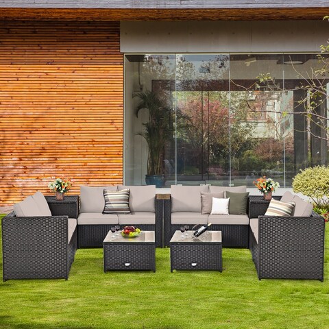 Gymax 8PCS Cushioned Rattan Patio Conversation Set w/ Coffee Table