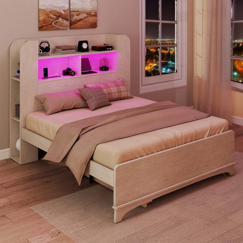 Bed with Trundle, Twin Size Bed Frame with Bookcase Daybed Storage Headboard and Charging Station & RGB LED Lights Bed