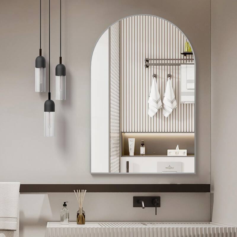 24x32 Inch Metal Framed Arched Bathrrom Mirror - Silver
