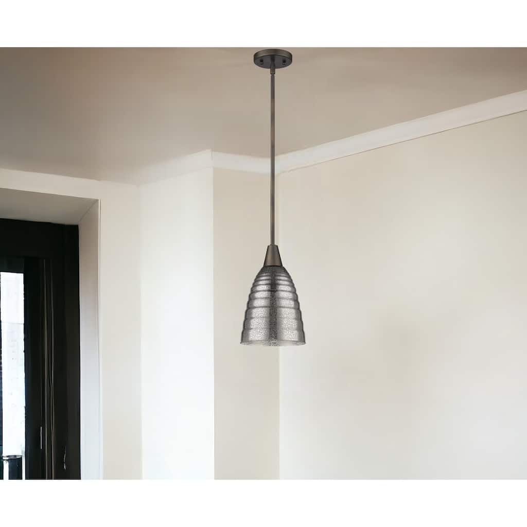 HomeRoots Bronze Hanging Light with Ribbed Pebbled Glass Shade - 7.5' X '11.5' X '7.5