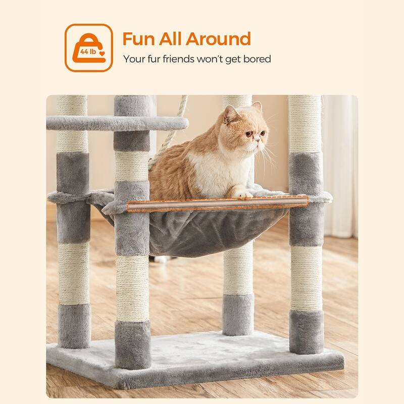 Grey Multi-Level Cat Tree with Sisal-Covered Scratching Posts and Hammock