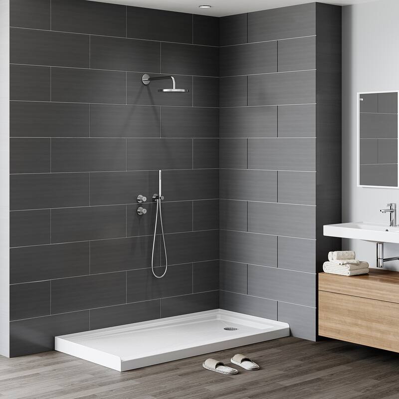 HOROW 60 x 30 Inch Alcove Shower Pan Base in High Gloss White with Wide Threshold Design - Right Drain Location