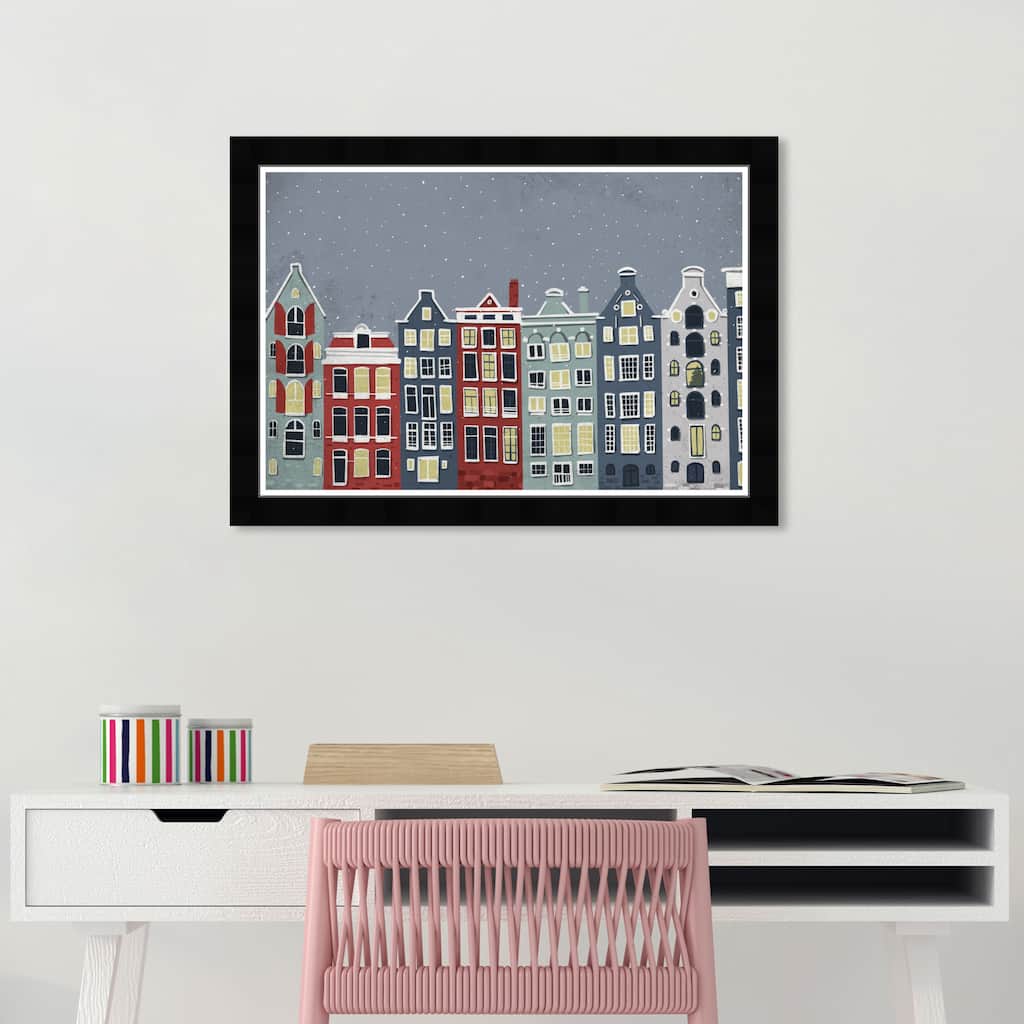 Wynwood Studio Prints Cities and Skylines Snowy City Skyline Blue and Maroon Scandinavian Wall Art Canvas Print