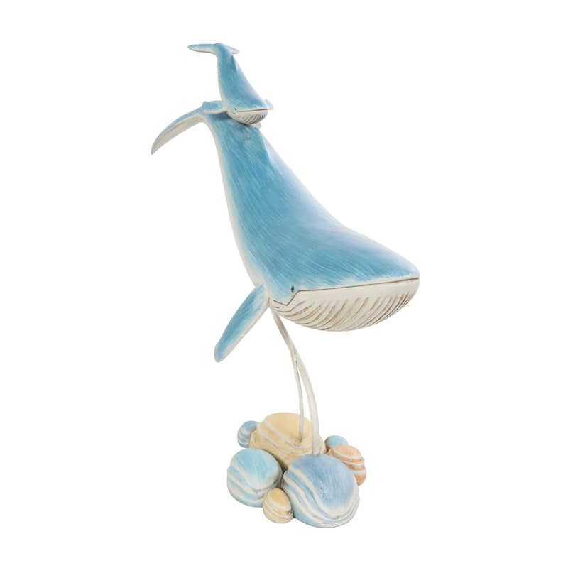 Polystone Whale Swimming Mother and Baby Sculpture with Yellow Accents - Blue - Roche River Decor - 6"W x 18"L x 17"H
