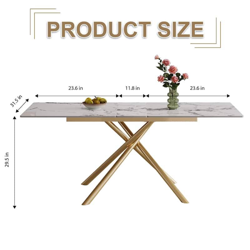 59-inch Modern Round Expandable Dining Table, Burnt Stone Top & Golden Carbon Steel X-Base, Sturdy 4-6 Person Table