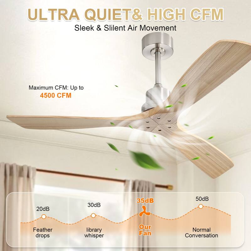 Sofucor 48/52 Inch Ceiling Fan with Light, Solid Wood Blades for Living Room, Bedroom,Smart Optional