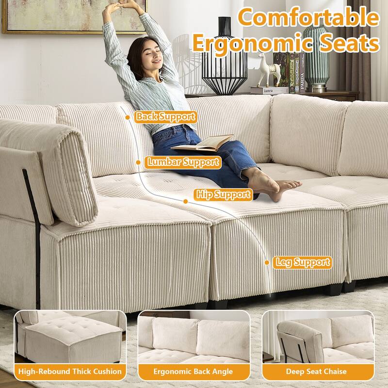 121.26" Corduroy Modular Sectional Sofa 6- Seat U Shaped Couch with Reversible Chaise and Ottoman