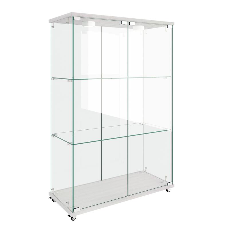 Modern Glass Display Cabinet with LED lights, Quick-assembly Antique Cabinet, Tempered Glass Bookshelf