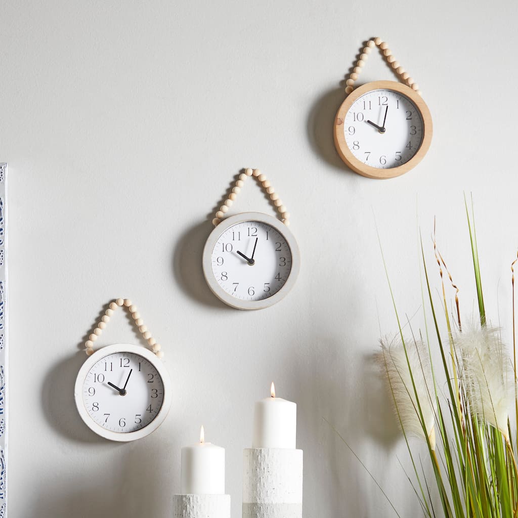 White Wood Wall Clock with Rope Strap (Set of 3)