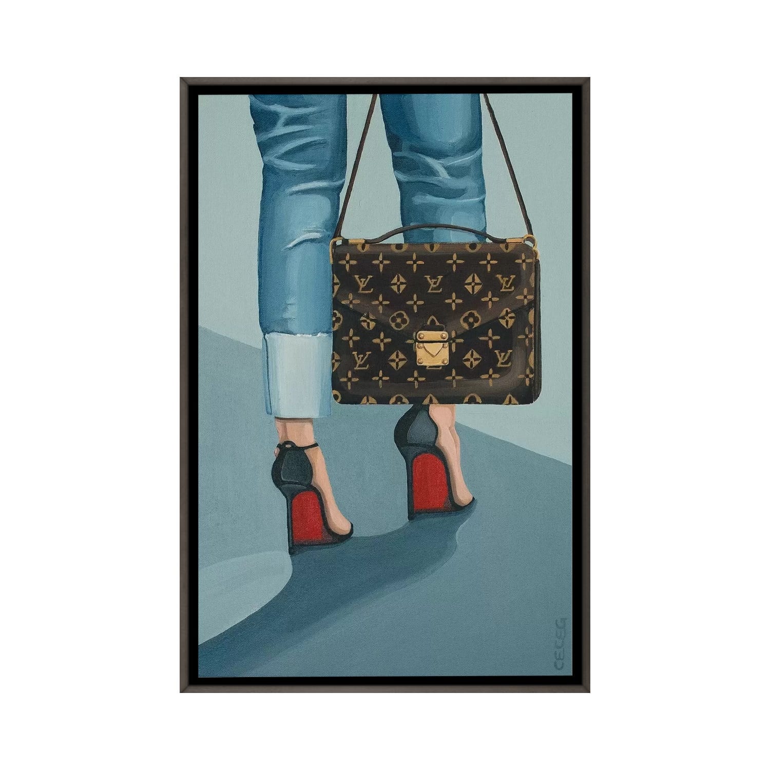 Framed Canvas Art (Champagne) - Woman Sitting on Stairs with Louis Vuitton Bag by Cece Guidi ( Fashion > Fashion Brands > Louis Vuitton art) - 26x18