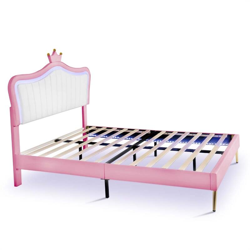 Queen Size Princess Upholstered Bed Frame with LED Lights