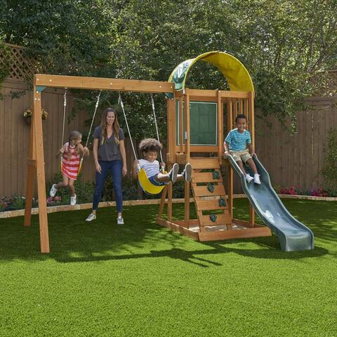 Outdoor Swing Set with Slide, Chalk Wall, Canopy and Rock Wall