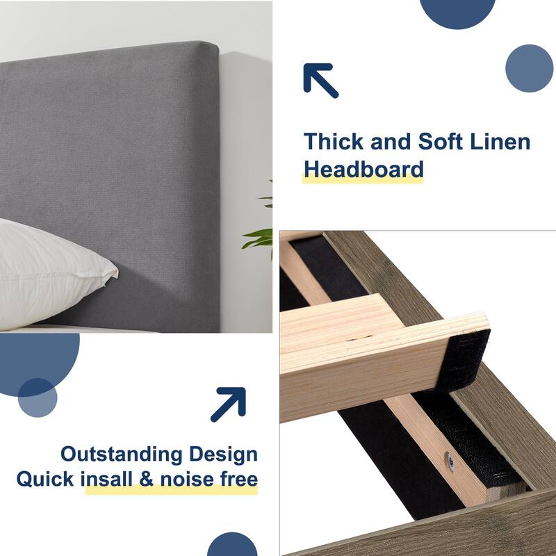 VECELO Upholstered Platform Bed Frame with Adjustable Headboard, Solid Wood Slats, No Box Spring Needed, Twin/Full/Queen Size