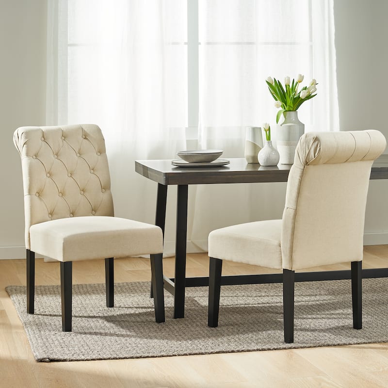Tufted Accent Chair Set of 2, Mid-Century Modern Living Room Chairs with Wood Legs, Armless High-Back Dining Chair Kitchen Chair - Ivory