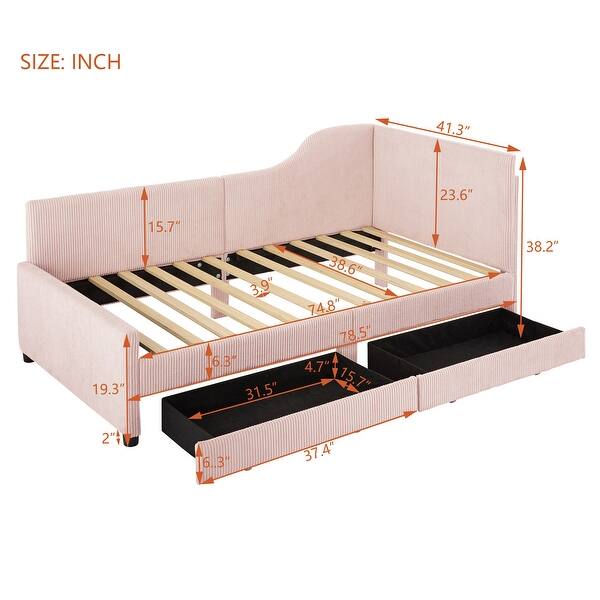 dimension image slide 0 of 3, Twin Stripe L-shaped Semi-enclosed Daybed wStorage Drawers, Corduroy Upholstered Daybed, Wood Slat Support, No Spring Box Need