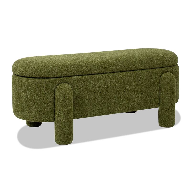 Oval Upholstered Storage Bench, Boucle Fabric Entryway Bench, Shoe Bench with Hidden Storage Space & Round Legs