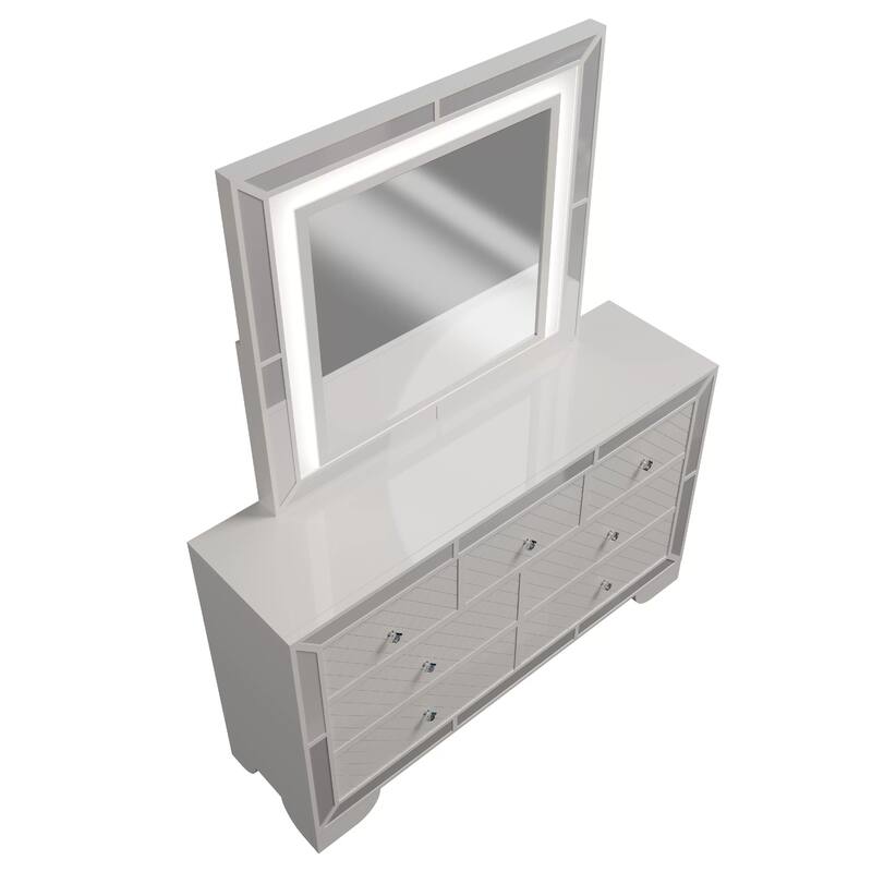 Athon Wide Dresser with 7 Drawers, Diamond Patterns, Ivory Wood