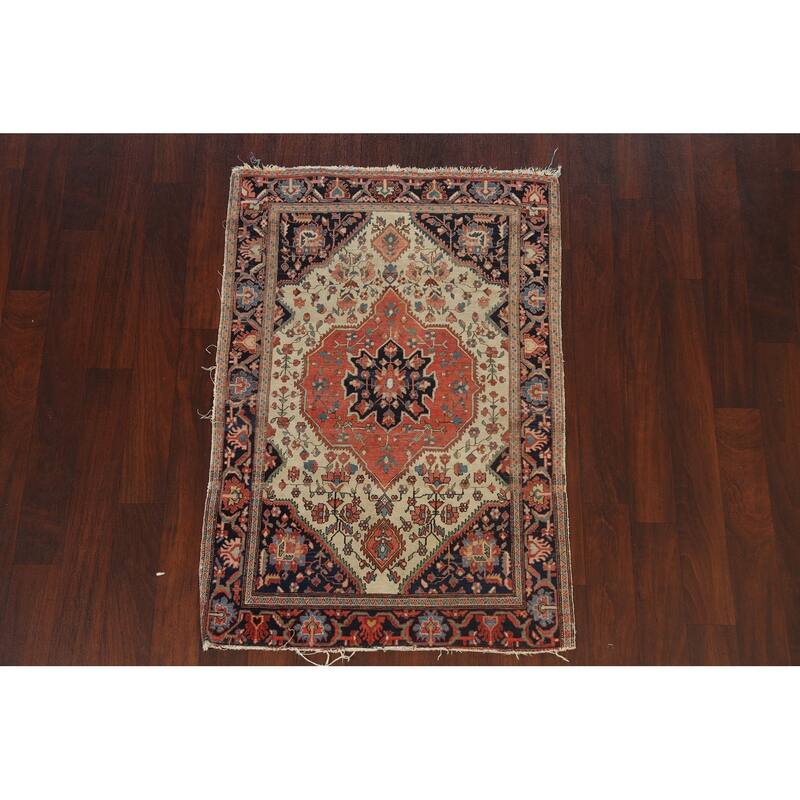 Pre-1900 Antique Sarouk Farahan Persian Area Rug Handmade Wool Carpet - 3'6" x 4'9"
