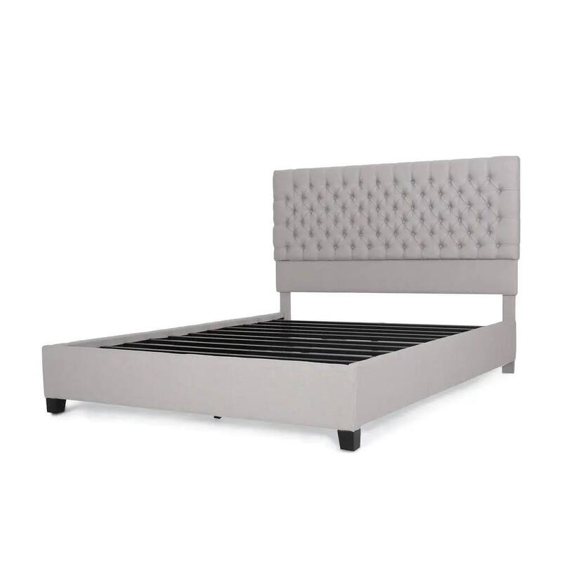 Light Grey Queen Upholstered Platform Bed with Button-Tufted Headboard