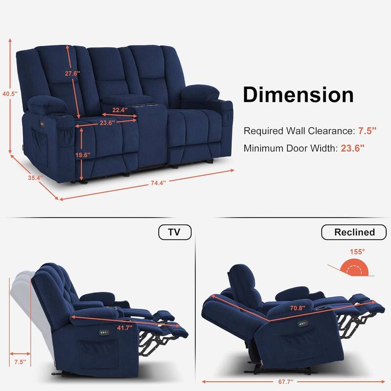 MCombo Electric Power Reclining Sofa with Massage and Lumbar Heat, Fabric 6015/6025/6035/6045