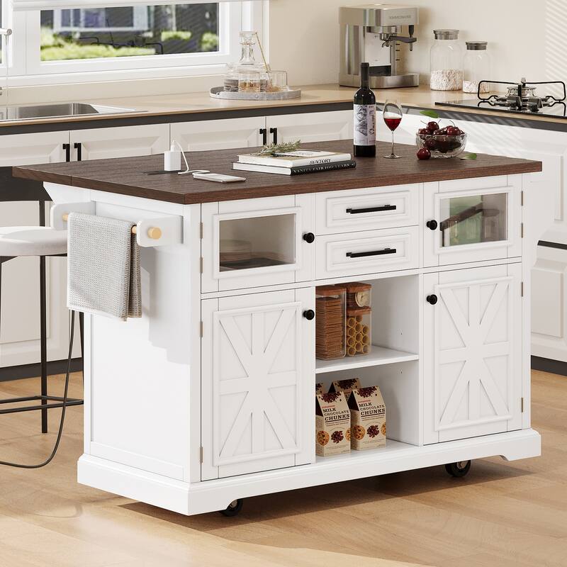 Farmhouse 54.9" Kitchen Island with Drop Leaf and Power Outlet, Stylish Storage Cart with Barn Doors - White