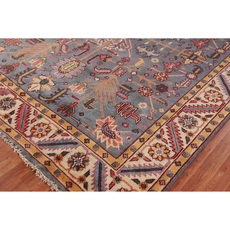 Gray Blue Geometric Oushak Oriental Area Rug Hand-Knotted Wool Carpet - 7'10" x 9'10"