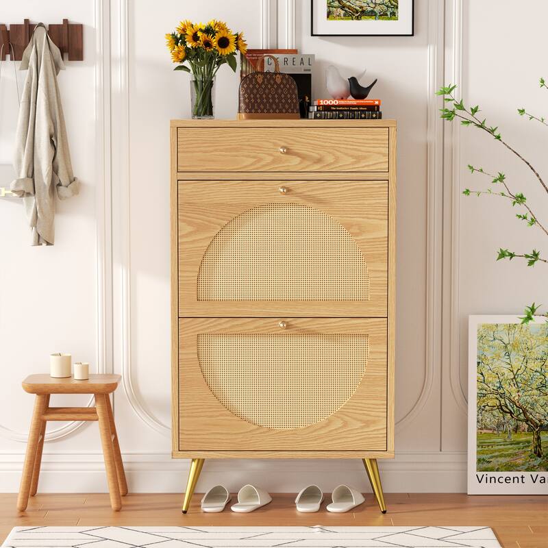 Futzca Shoe Cabinet Rattan, Shoe Storage Cabinet with 2 Flip Drawers