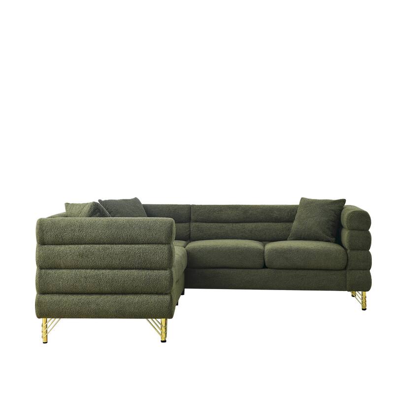 Modern Corner Sofa with Teddy Fabric and Metal Legs, 3-Seater with 3 Pillows